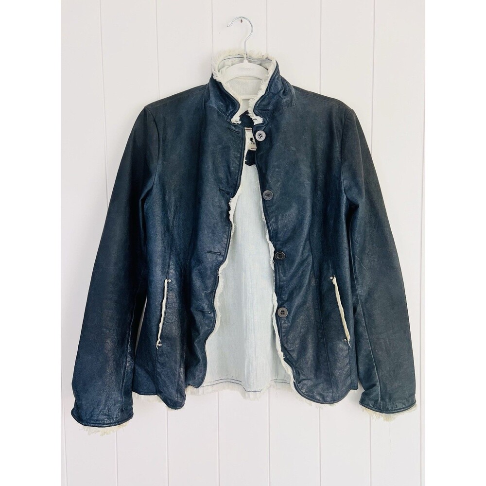 Jakett New York Blue Washed Leather Jacket Med Women Indie Steampunk Victorian